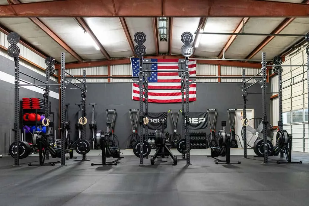 Squat rack floor with American flag at IKIGAI Fitness Company