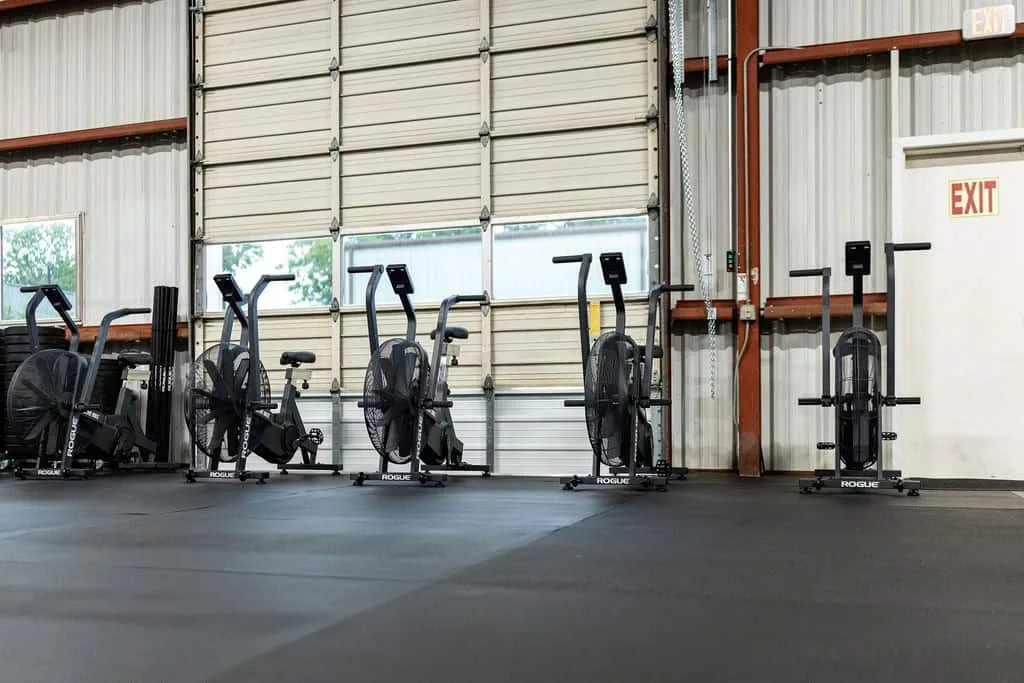 Row of Rogue air bikes and cardio machines